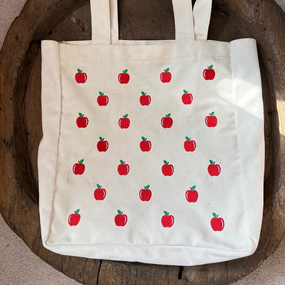 Punch Studio large cheery embroidered apple cotton canvas tote bag